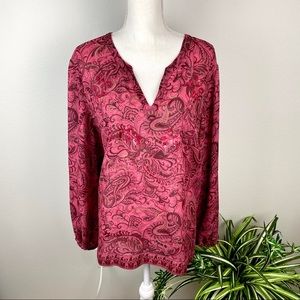 Plus Size 22/24 Venezia Paisley Embroidered V-Neck Long Sleeve Top Pink Brown